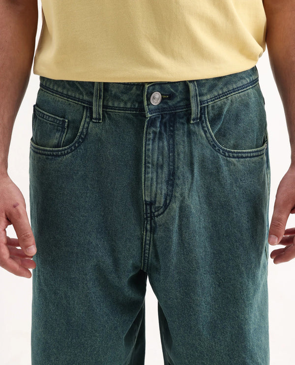 Rare Rabbit Men's Niok Green Cotton Fabric Mid Rise Dark Wash Baggy Fit Solid Jeans