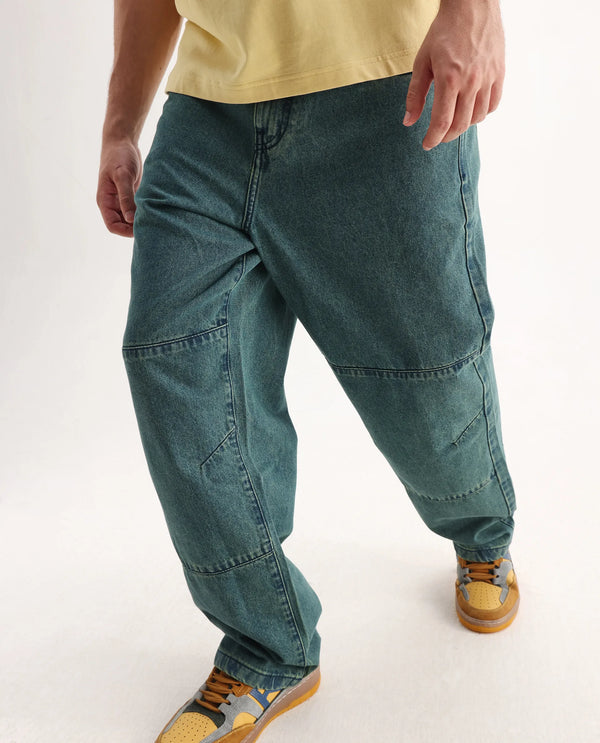 Rare Rabbit Men's Niok Green Cotton Fabric Mid Rise Dark Wash Baggy Fit Solid Jeans