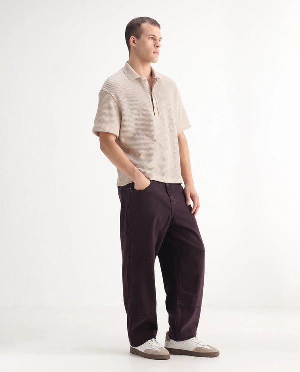 Rare Rabbit Men's Niop Dark Purple Cotton Fabric Mid Rise Baggy Fit Jeans