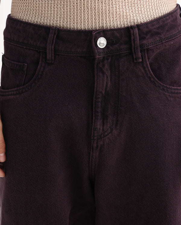 Rare Rabbit Men's Niop Dark Purple Cotton Fabric Mid Rise Baggy Fit Jeans