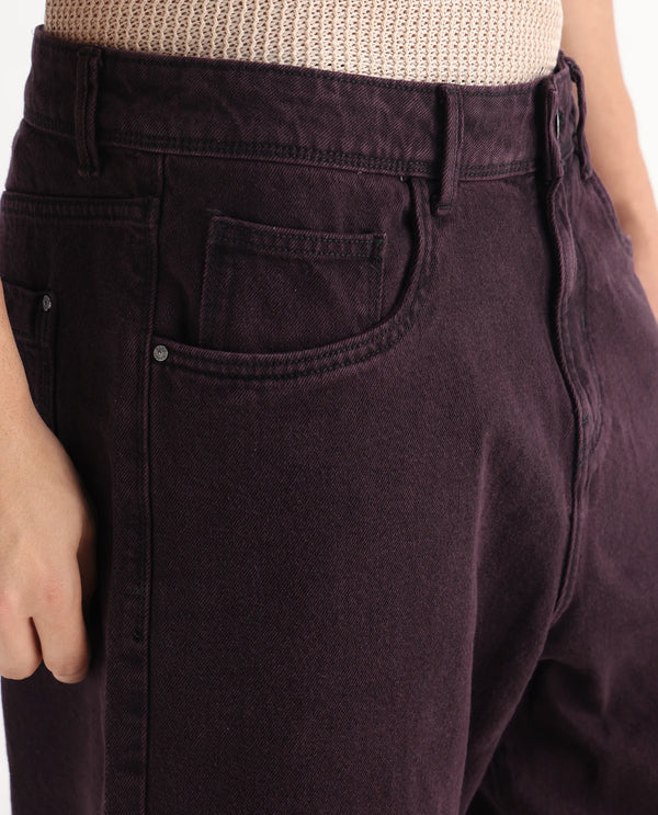 Rare Rabbit Men's Niop Dark Purple Cotton Fabric Mid Rise Baggy Fit Jeans