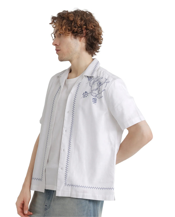 Rare Rabbit Men Niort White Cotton Fabric Plain Shirt