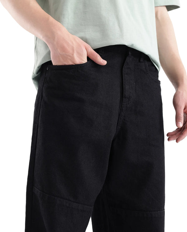 Rare Rabbit Men's Niob Black Cotton Fabric Mid Rise Dark Wash Baggy Fit Solid Jeans