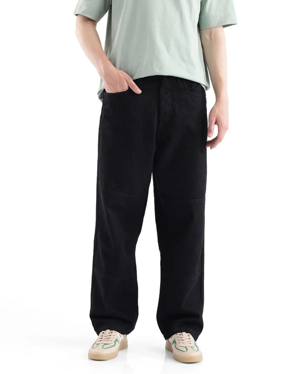 Rare Rabbit Men's Niob Black Cotton Fabric Mid Rise Dark Wash Baggy Fit Solid Jeans