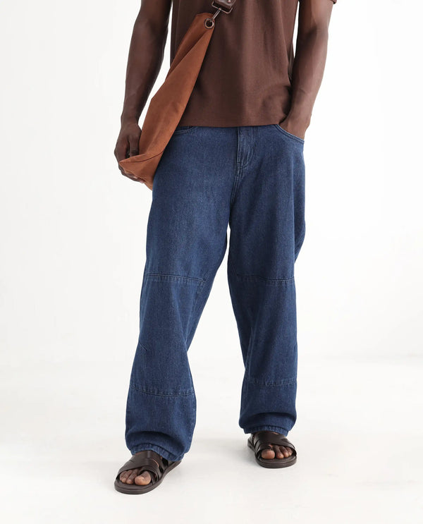 Rare Rabbit Men's Niot Blue Cotton Fabric Mid Rise Dark Wash Baggy Fit Solid Jeans