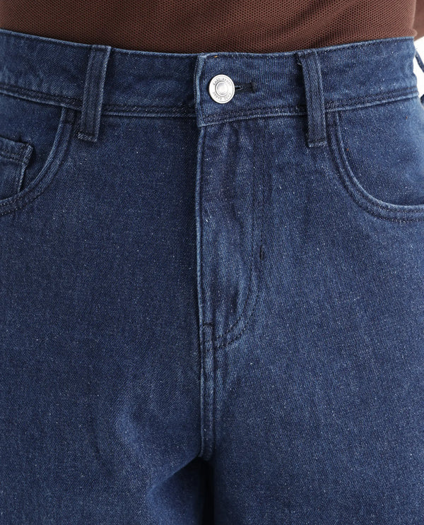 Rare Rabbit Men's Niot Blue Cotton Fabric Mid Rise Dark Wash Baggy Fit Solid Jeans