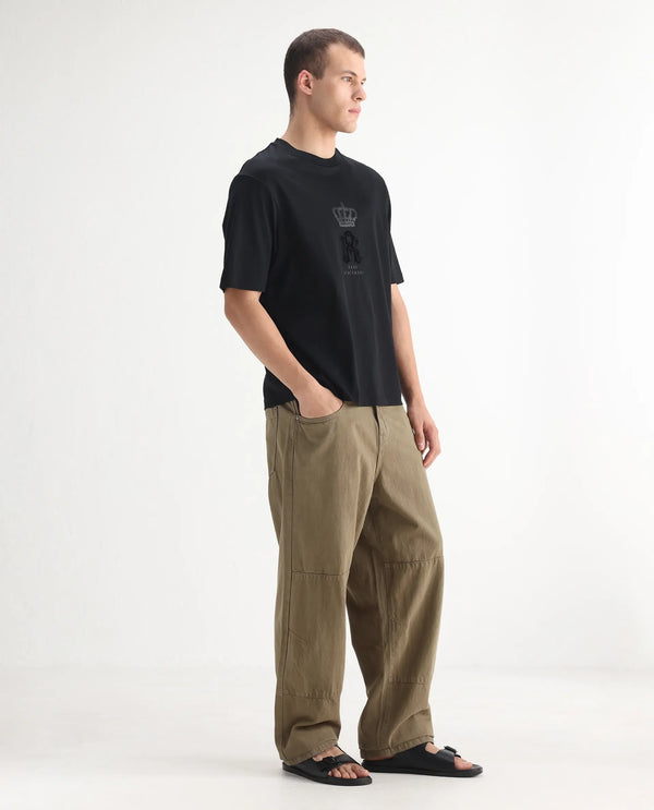Rare Rabbit Men's Niot Khaki Cotton Fabric Mid Rise Mid Wash Baggy Fit Solid Jeans