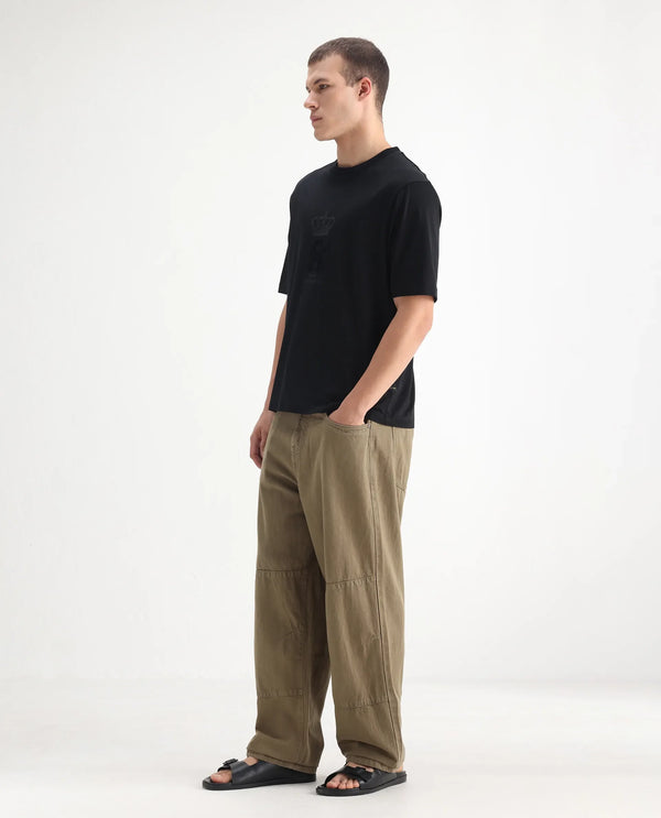 Rare Rabbit Men's Niot Khaki Cotton Fabric Mid Rise Mid Wash Baggy Fit Solid Jeans