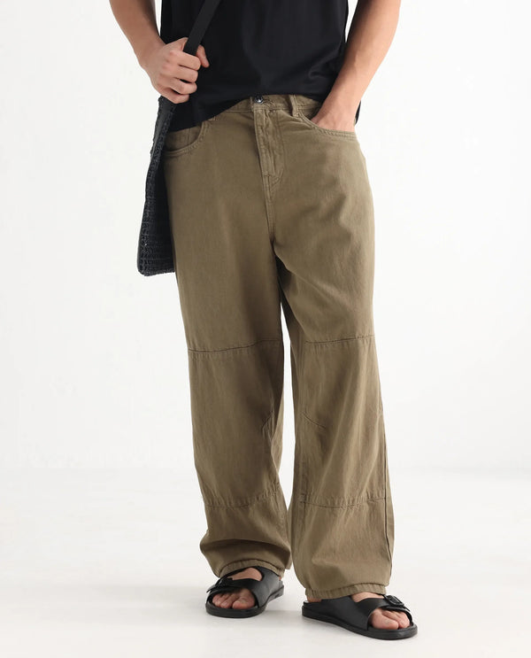 Rare Rabbit Men's Niot Khaki Cotton Fabric Mid Rise Mid Wash Baggy Fit Solid Jeans
