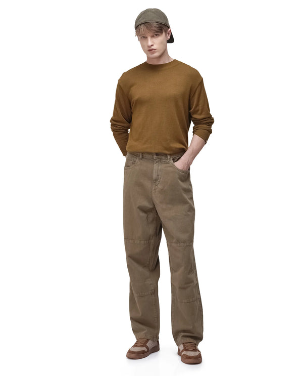 Rare Rabbit Men's Niot Khaki Cotton Fabric Mid Rise Mid Wash Baggy Fit Solid Jeans