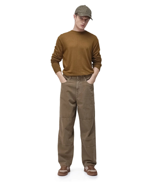 Rare Rabbit Men's Niot Khaki Cotton Fabric Mid Rise Mid Wash Baggy Fit Solid Jeans