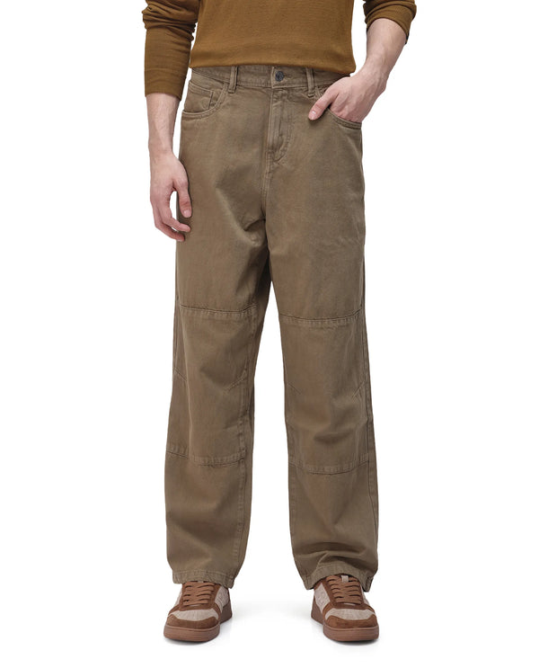Rare Rabbit Men's Niot Khaki Cotton Fabric Mid Rise Mid Wash Baggy Fit Solid Jeans