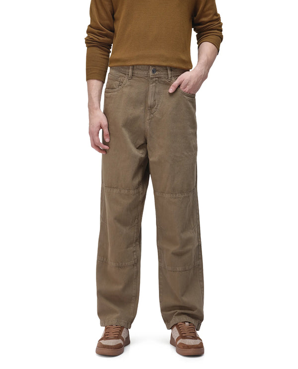 Rare Rabbit Men's Niot Khaki Cotton Fabric Mid Rise Mid Wash Baggy Fit Solid Jeans
