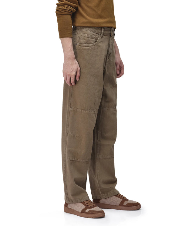 Rare Rabbit Men's Niot Khaki Cotton Fabric Mid Rise Mid Wash Baggy Fit Solid Jeans