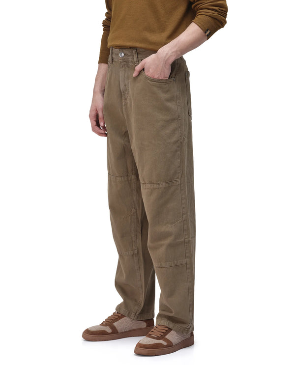 Rare Rabbit Men's Niot Khaki Cotton Fabric Mid Rise Mid Wash Baggy Fit Solid Jeans