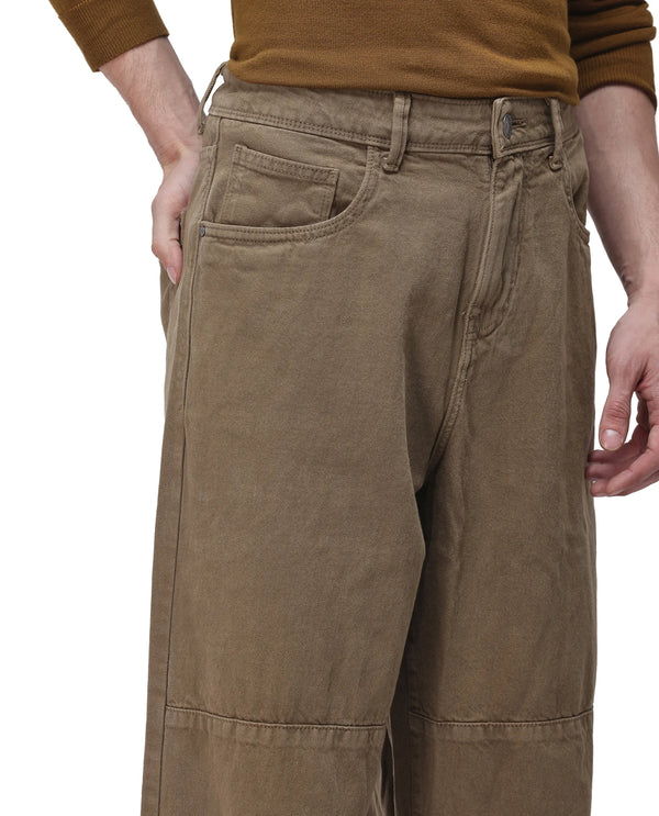 Rare Rabbit Men's Niot Khaki Cotton Fabric Mid Rise Mid Wash Baggy Fit Solid Jeans