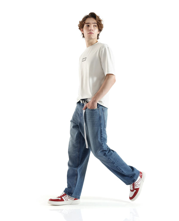 Rare Rabbit Men's Niret Blue Cotton Fabric Mid Rise Mid Wash Baggy Fit With Attached Belt Solid Jeans
