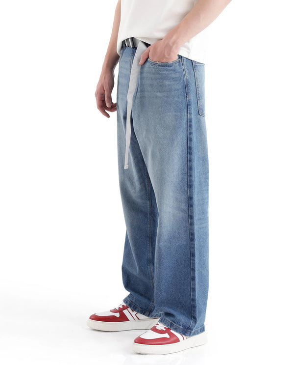 Rare Rabbit Men's Niret Blue Cotton Fabric Mid Rise Mid Wash Baggy Fit With Attached Belt Solid Jeans