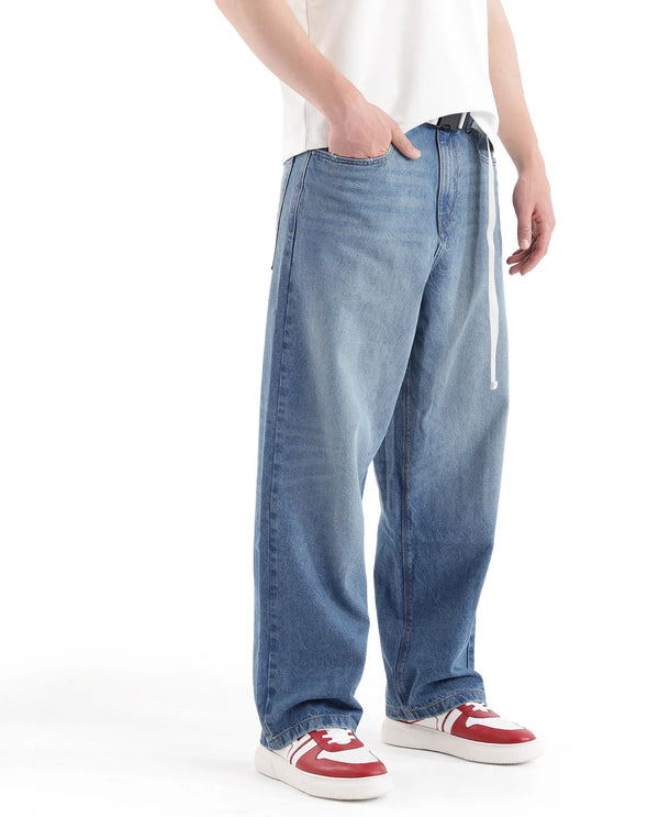 Rare Rabbit Men's Niret Blue Cotton Fabric Mid Rise Mid Wash Baggy Fit With Attached Belt Solid Jeans