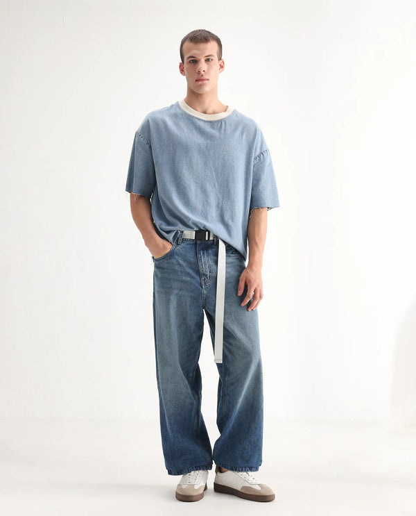 Rare Rabbit Men's Niret Blue Cotton Fabric Mid Rise Mid Wash Baggy Fit With Attached Belt Solid Jeans