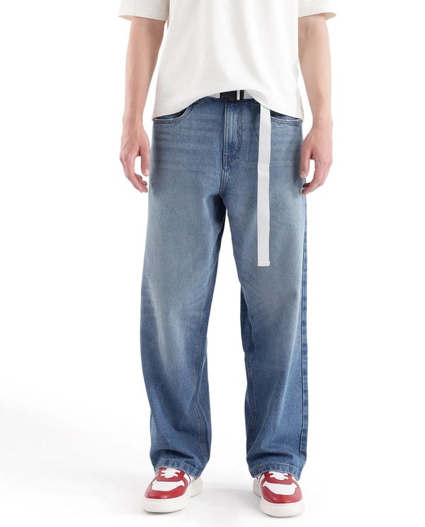 Rare Rabbit Men's Niret Blue Cotton Fabric Mid Rise Mid Wash Baggy Fit With Attached Belt Solid Jeans