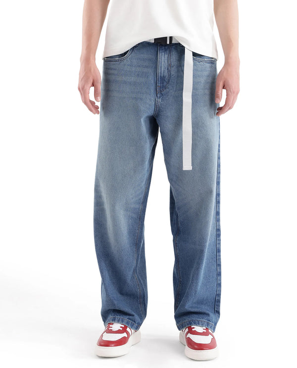 Rare Rabbit Men's Niret Blue Cotton Fabric Mid Rise Mid Wash Baggy Fit With Attached Belt Solid Jeans