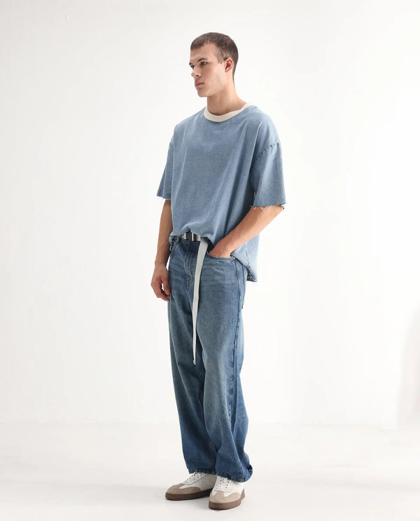 Rare Rabbit Men's Niret Blue Cotton Fabric Mid Rise Mid Wash Baggy Fit With Attached Belt Solid Jeans
