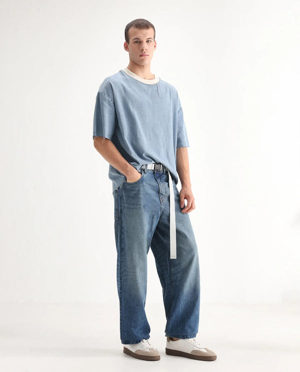 Rare Rabbit Men's Niret Blue Cotton Fabric Mid Rise Mid Wash Baggy Fit With Attached Belt Solid Jeans