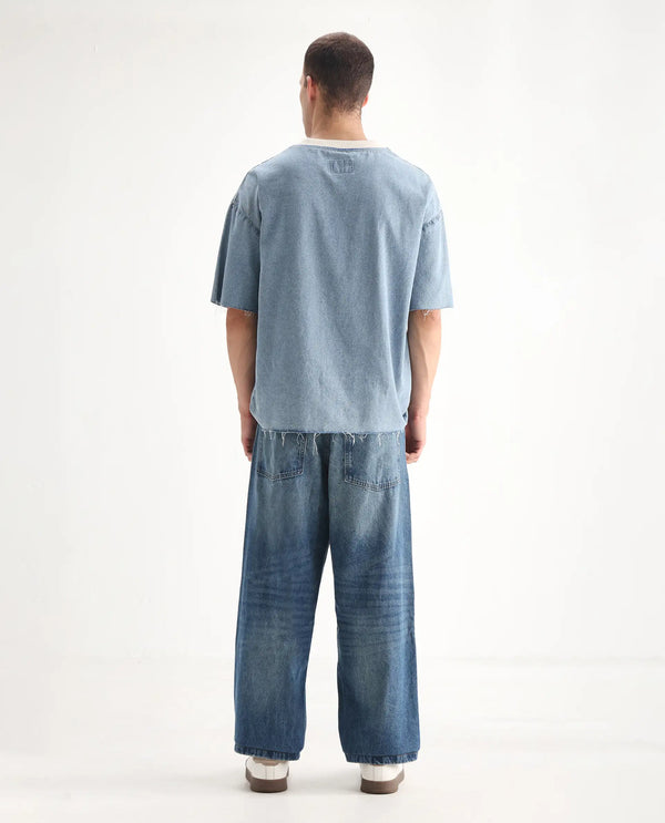 Rare Rabbit Men's Niret Blue Cotton Fabric Mid Rise Mid Wash Baggy Fit With Attached Belt Solid Jeans