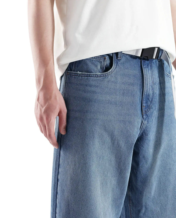 Rare Rabbit Men's Niret Blue Cotton Fabric Mid Rise Mid Wash Baggy Fit With Attached Belt Solid Jeans