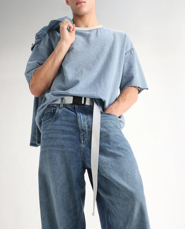 Rare Rabbit Men's Niret Blue Cotton Fabric Mid Rise Mid Wash Baggy Fit With Attached Belt Solid Jeans