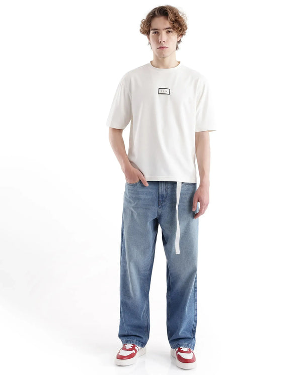 Rare Rabbit Men's Niret Blue Cotton Fabric Mid Rise Mid Wash Baggy Fit With Attached Belt Solid Jeans
