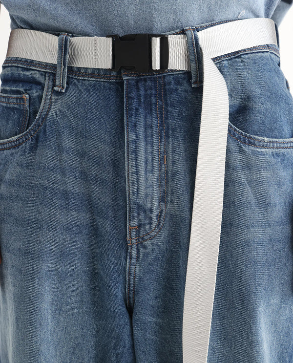 Rare Rabbit Men's Niret Blue Cotton Fabric Mid Rise Mid Wash Baggy Fit With Attached Belt Solid Jeans