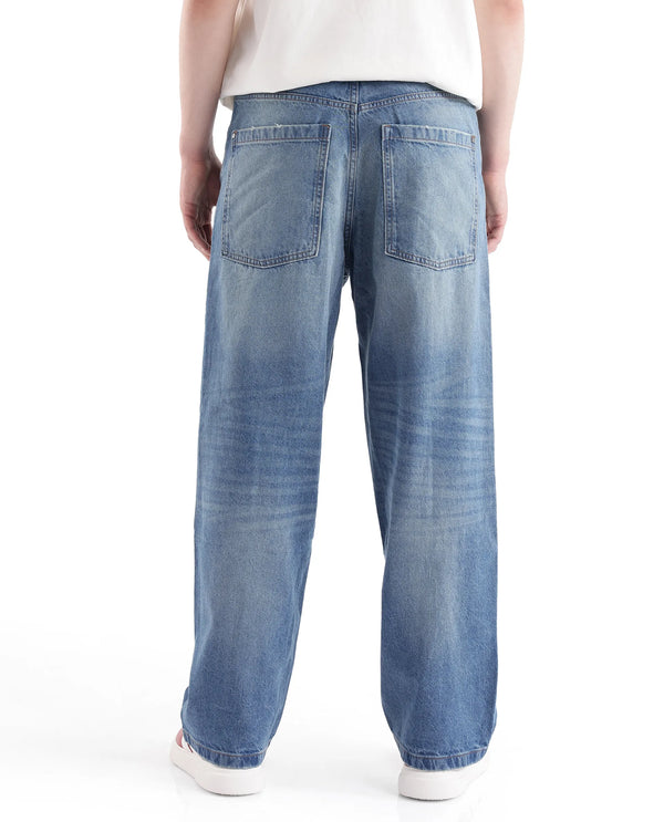 Rare Rabbit Men's Niret Blue Cotton Fabric Mid Rise Mid Wash Baggy Fit With Attached Belt Solid Jeans