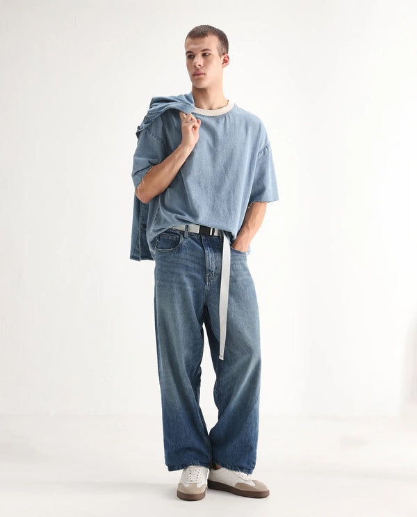 Rare Rabbit Men's Niret Blue Cotton Fabric Mid Rise Mid Wash Baggy Fit With Attached Belt Solid Jeans