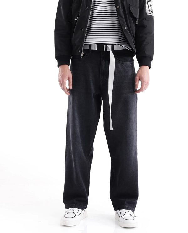 Rare Rabbit Men's Niret Dark Grey Cotton Fabric Mid Rise Dark Wash Baggy Fit With Attached Belt Jeans