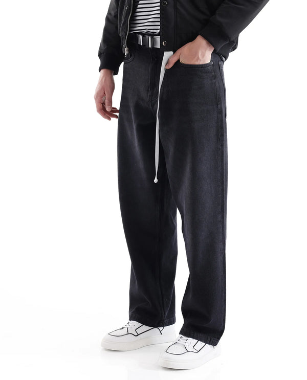 Rare Rabbit Men's Niret Dark Grey Cotton Fabric Mid Rise Dark Wash Baggy Fit With Attached Belt Jeans
