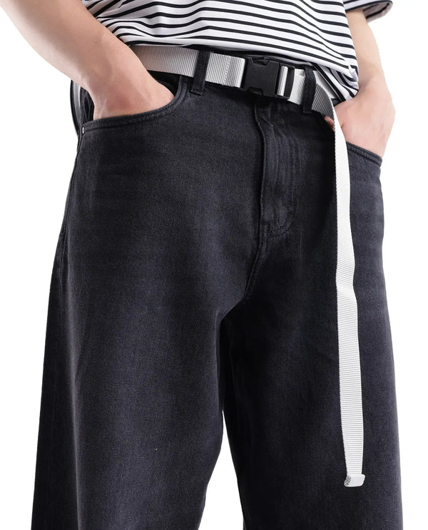 Rare Rabbit Men's Niret Dark Grey Cotton Fabric Mid Rise Dark Wash Baggy Fit With Attached Belt Jeans