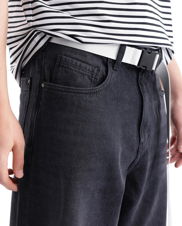 Rare Rabbit Men's Niret Dark Grey Cotton Fabric Mid Rise Dark Wash Baggy Fit With Attached Belt Jeans