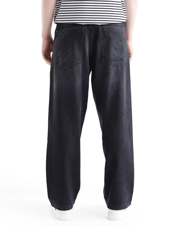 Rare Rabbit Men's Niret Dark Grey Cotton Fabric Mid Rise Dark Wash Baggy Fit With Attached Belt Jeans