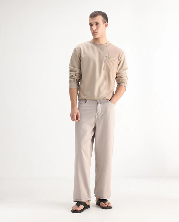 Rare Rabbit Men's Niretor-2 Beige Cotton Fabric Mid Rise Light Wash Baggy Fit With Attached Belt Jeans