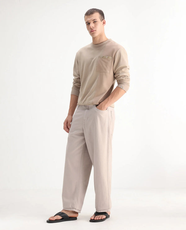 Rare Rabbit Men's Niretor-2 Beige Cotton Fabric Mid Rise Light Wash Baggy Fit With Attached Belt Jeans