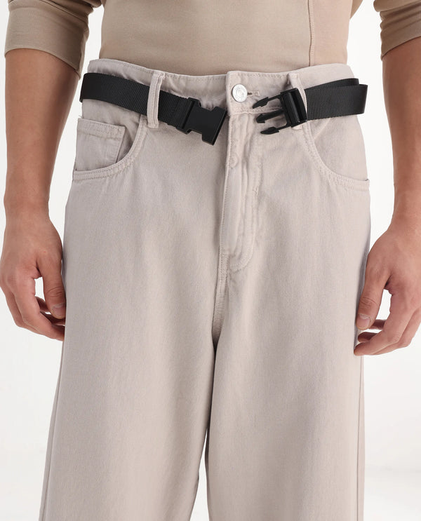 Rare Rabbit Men's Niretor-2 Beige Cotton Fabric Mid Rise Light Wash Baggy Fit With Attached Belt Jeans