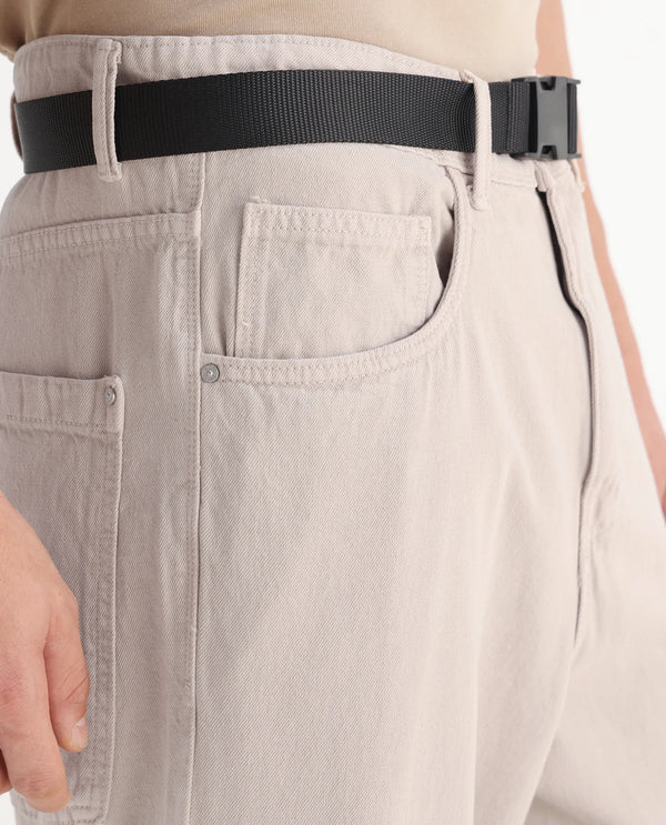 Rare Rabbit Men's Niretor-2 Beige Cotton Fabric Mid Rise Light Wash Baggy Fit With Attached Belt Jeans