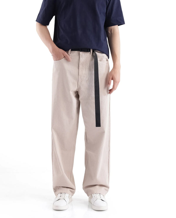 Rare Rabbit Men's Niretor-2 Beige Cotton Fabric Mid Rise Light Wash Baggy Fit With Attached Belt Jeans