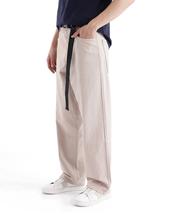 Rare Rabbit Men's Niretor-2 Beige Cotton Fabric Mid Rise Light Wash Baggy Fit With Attached Belt Jeans
