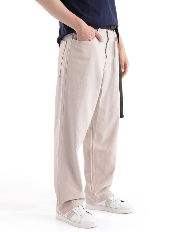 Rare Rabbit Men's Niretor-2 Beige Cotton Fabric Mid Rise Light Wash Baggy Fit With Attached Belt Jeans