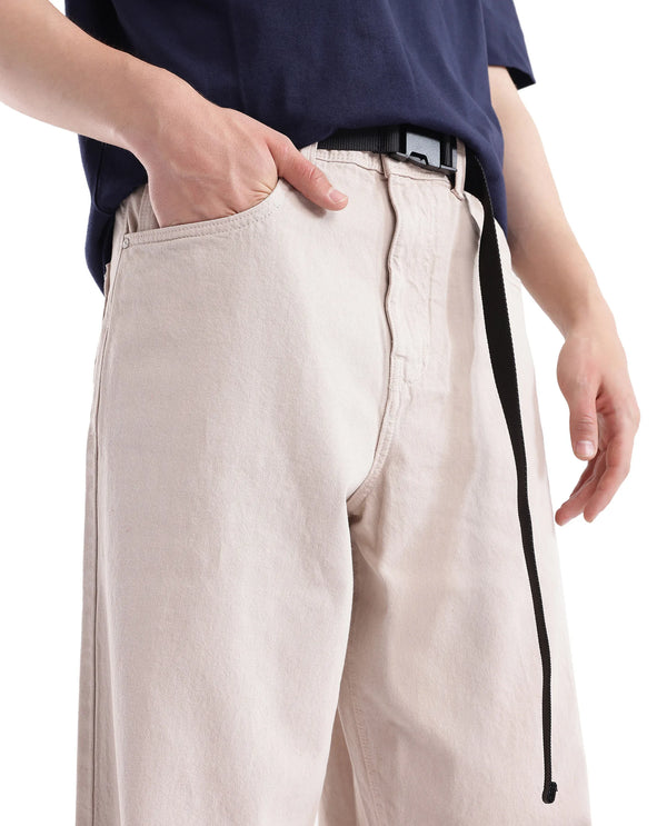 Rare Rabbit Men's Niretor-2 Beige Cotton Fabric Mid Rise Light Wash Baggy Fit With Attached Belt Jeans