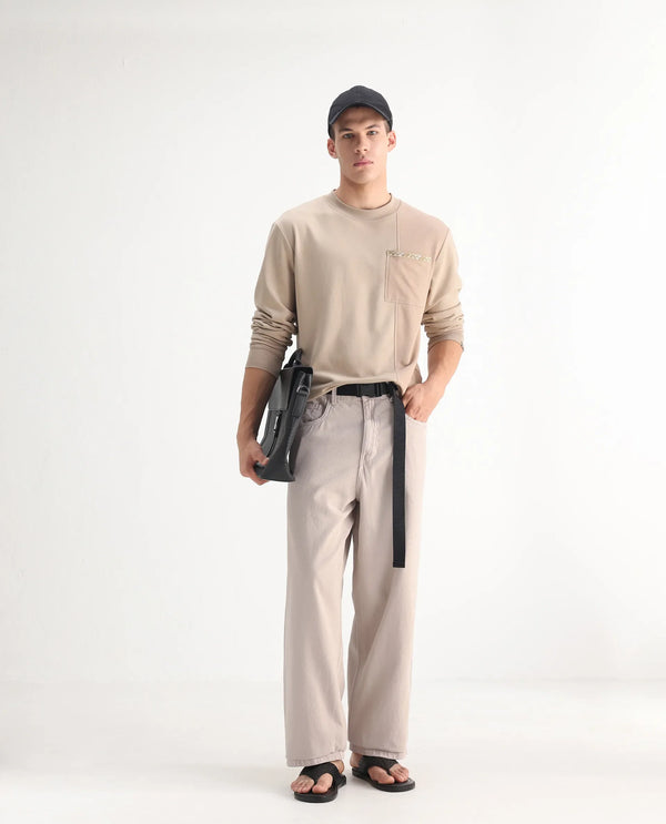 Rare Rabbit Men's Niretor-2 Beige Cotton Fabric Mid Rise Light Wash Baggy Fit With Attached Belt Jeans