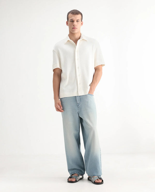 Rare Rabbit Men's Niretor-2 Light Blue Cotton Fabric Mid Rise Ice Wash Baggy Fit With Attached Belt Jeans